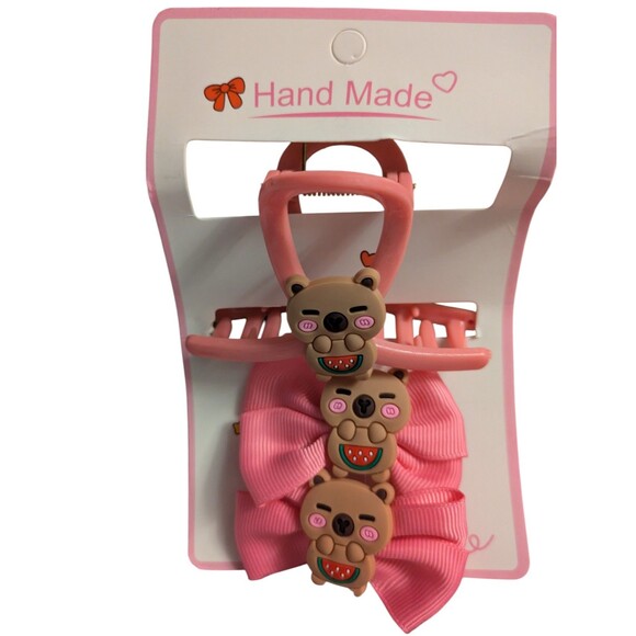 Cute Capybara Hair Claw Clips Bow Style Pink Blue Set - Picture 3 of 3
